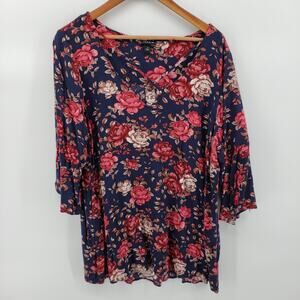 Torrid Plus Size 1X Women's Navy/Red Floral 3/4 Bell Sleeves Popover Blouse